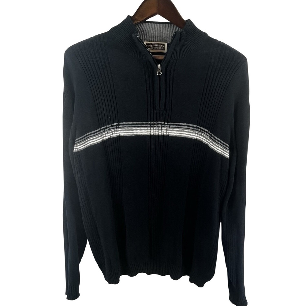 Route 66 Men's Large Sweater Gray White Stripe 1/4 Zip Ribbed Knit Pullover